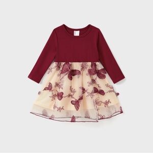 Girl Long Sleeves 3D Butterfly Embroidered Tulle / Mesh Dress Burgundy, 9-12M